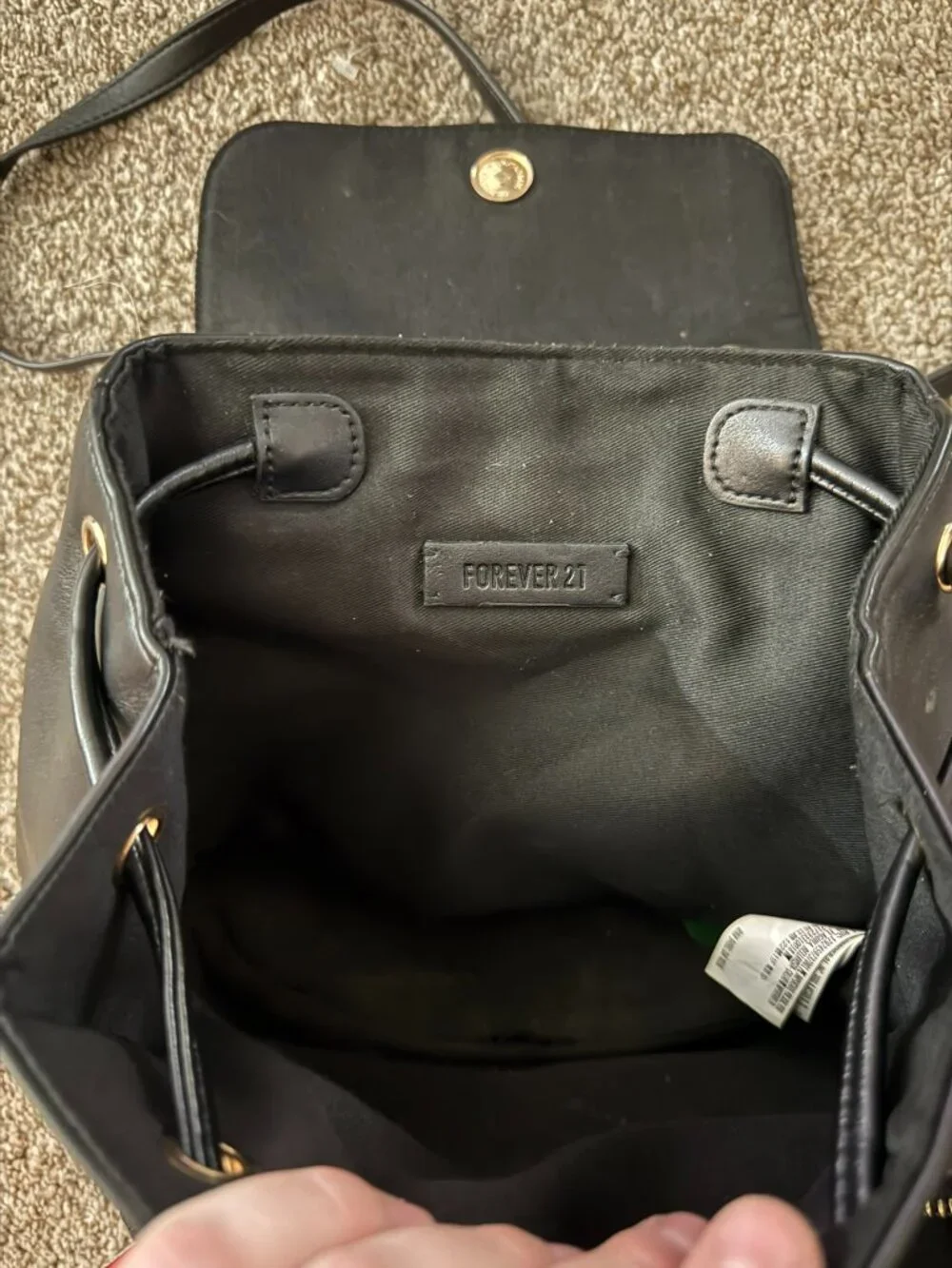 Forever 21 Black Quilted Faux Leather Mini Backpack Purse Bag Chain Drawstring